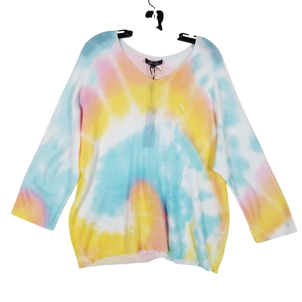 Charlie B Sweater Women XL Multicolor Tie Dye V-Neck 3/4 Sleeve Modal Blend NEW